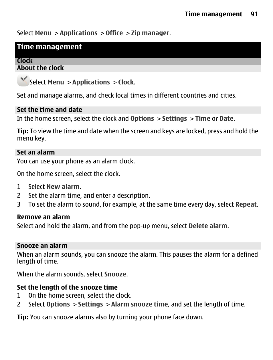 Time management, Clock, About the clock | Set the time and date, Set an alarm, Snooze an alarm | Nokia 500 User Manual | Page 91 / 124