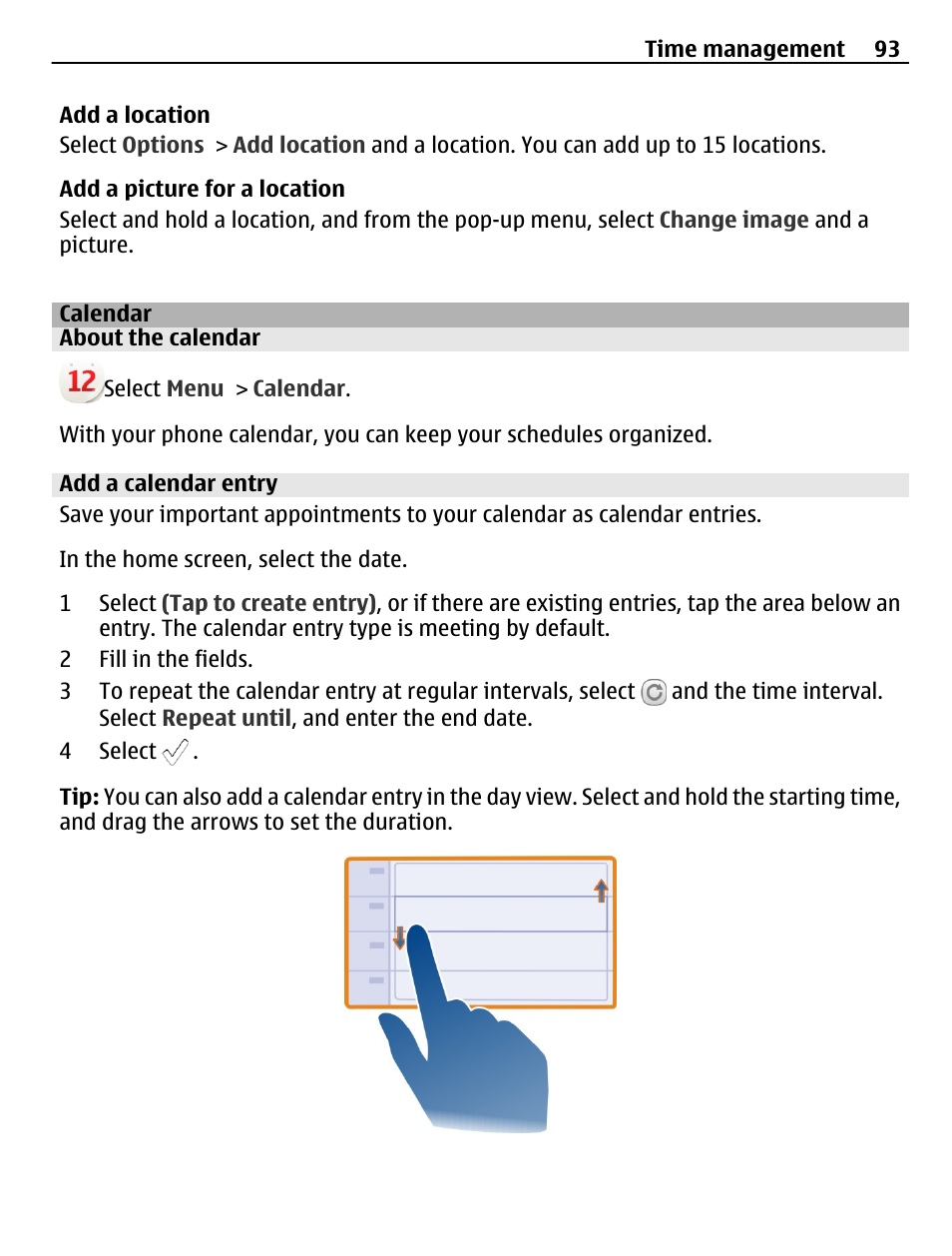 Calendar, About the calendar, Add a calendar entry | Nokia 500 User Manual | Page 93 / 124