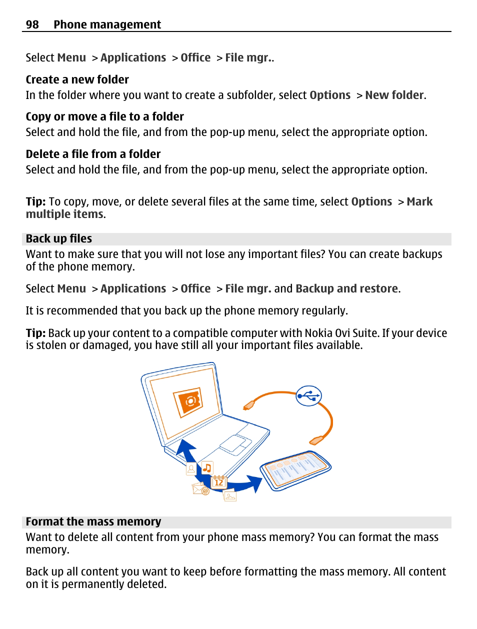 Back up files, Format the mass memory | Nokia 500 User Manual | Page 98 / 124