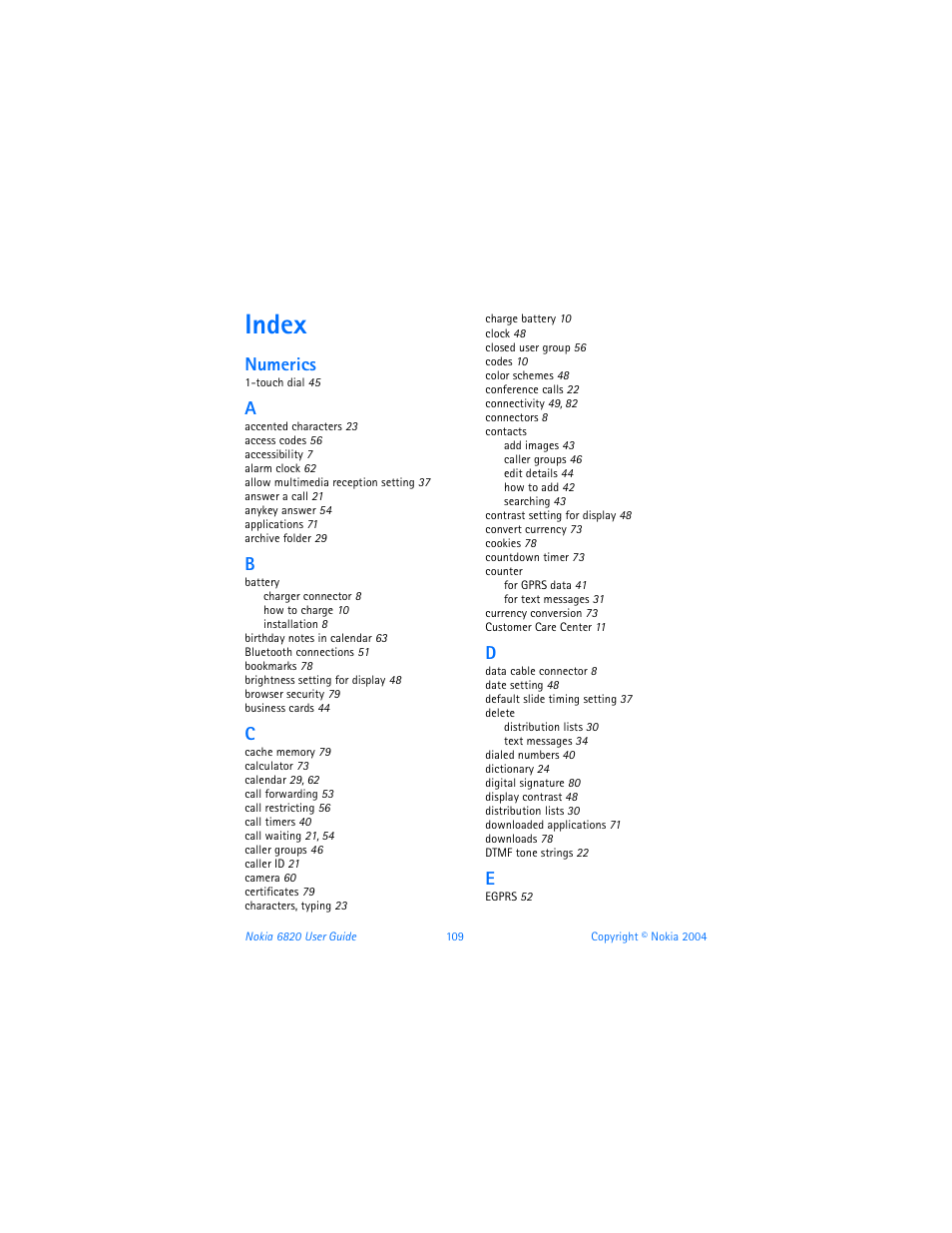 Index, Numerics | Nokia 6820 User Manual | Page 116 / 121