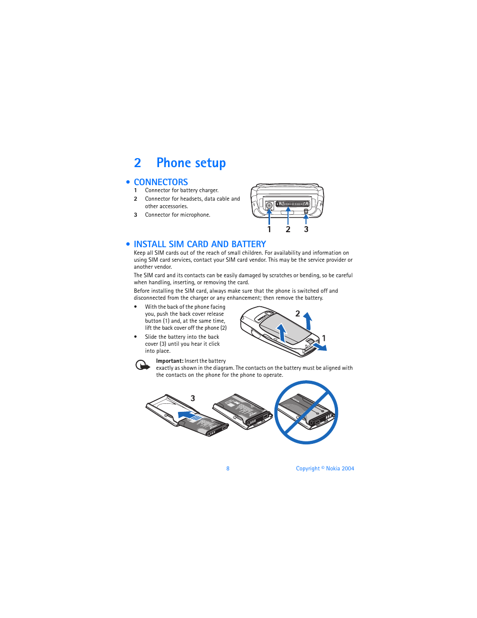 2 phone setup, Connectors, Install sim card and battery | Phone setup, Connectors install sim card and battery, 2phone setup | Nokia 6820 User Manual | Page 15 / 121