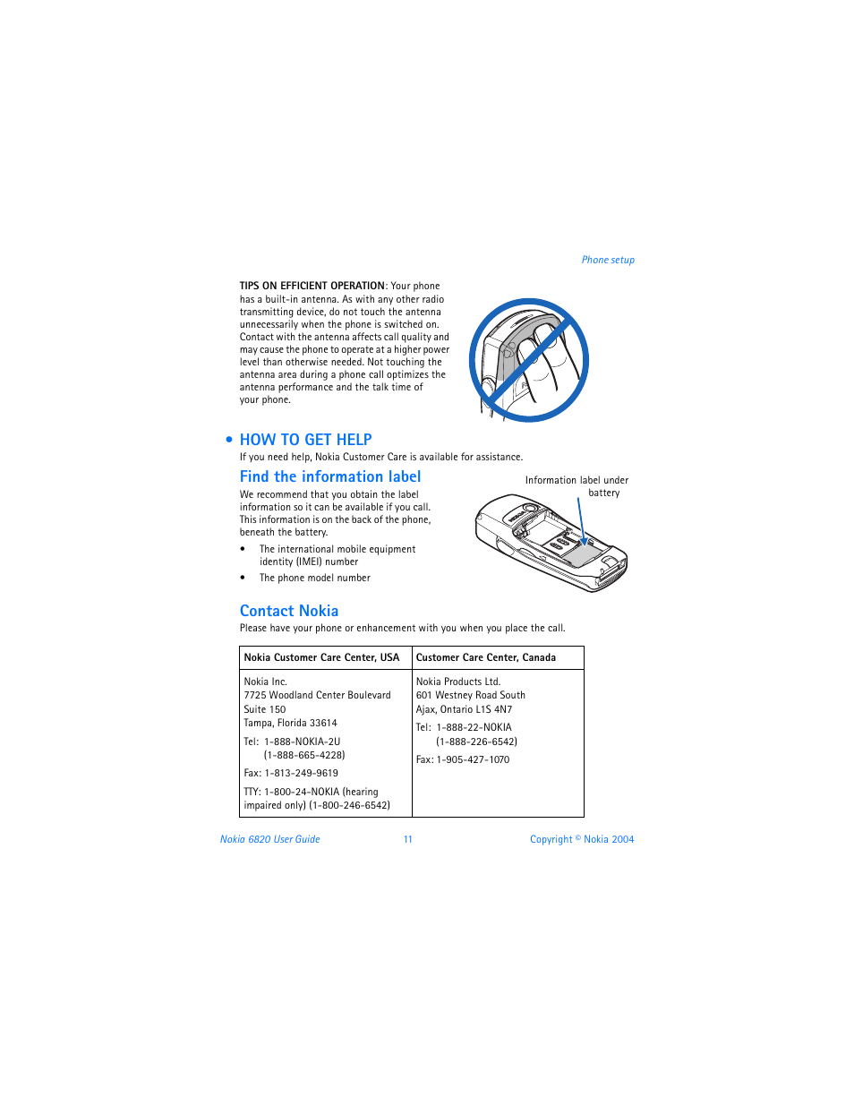 How to get help, Find the information label, Contact nokia | Nokia 6820 User Manual | Page 18 / 121