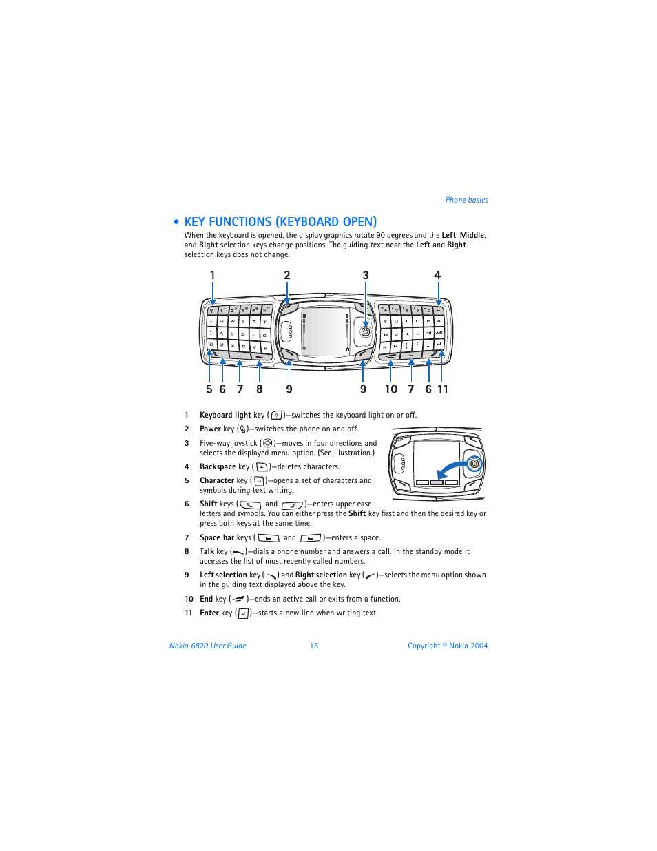 Key functions (keyboard open) | Nokia 6820 User Manual | Page 22 / 121