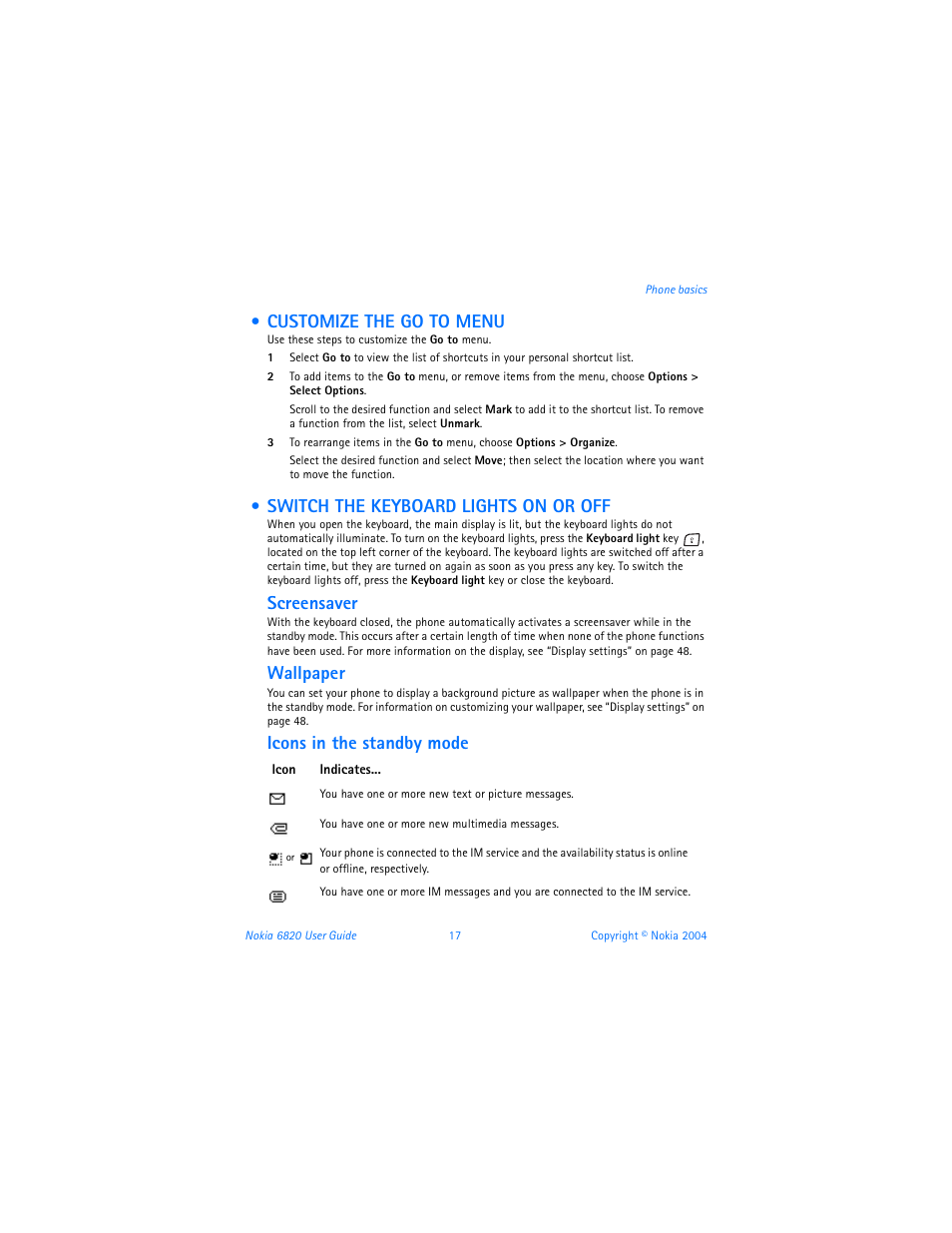 Customize the go to menu, Switch the keyboard lights on or off, Screensaver | Wallpaper, Icons in the standby mode | Nokia 6820 User Manual | Page 24 / 121