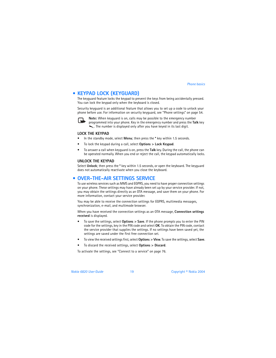 Keypad lock (keyguard), Over-the-air settings service | Nokia 6820 User Manual | Page 26 / 121
