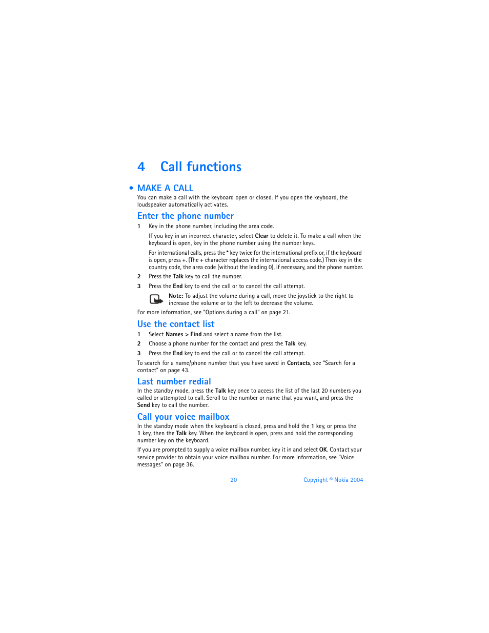 4 call functions, Make a call, Call functions | 4call functions, Enter the phone number, Use the contact list, Last number redial, Call your voice mailbox | Nokia 6820 User Manual | Page 27 / 121