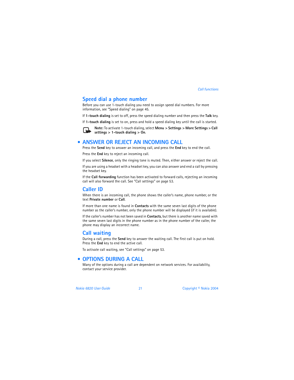 Answer or reject an incoming call, Options during a call, Speed dial a phone number | Caller id, Call waiting | Nokia 6820 User Manual | Page 28 / 121