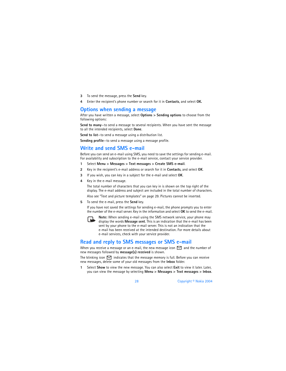 Options when sending a message, Write and send sms e-mail, Read and reply to sms messages or sms e-mail | Nokia 6820 User Manual | Page 35 / 121