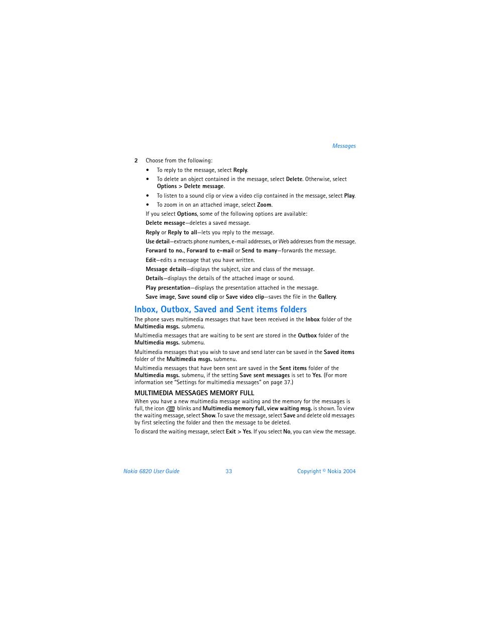 Inbox, outbox, saved and sent items folders | Nokia 6820 User Manual | Page 40 / 121
