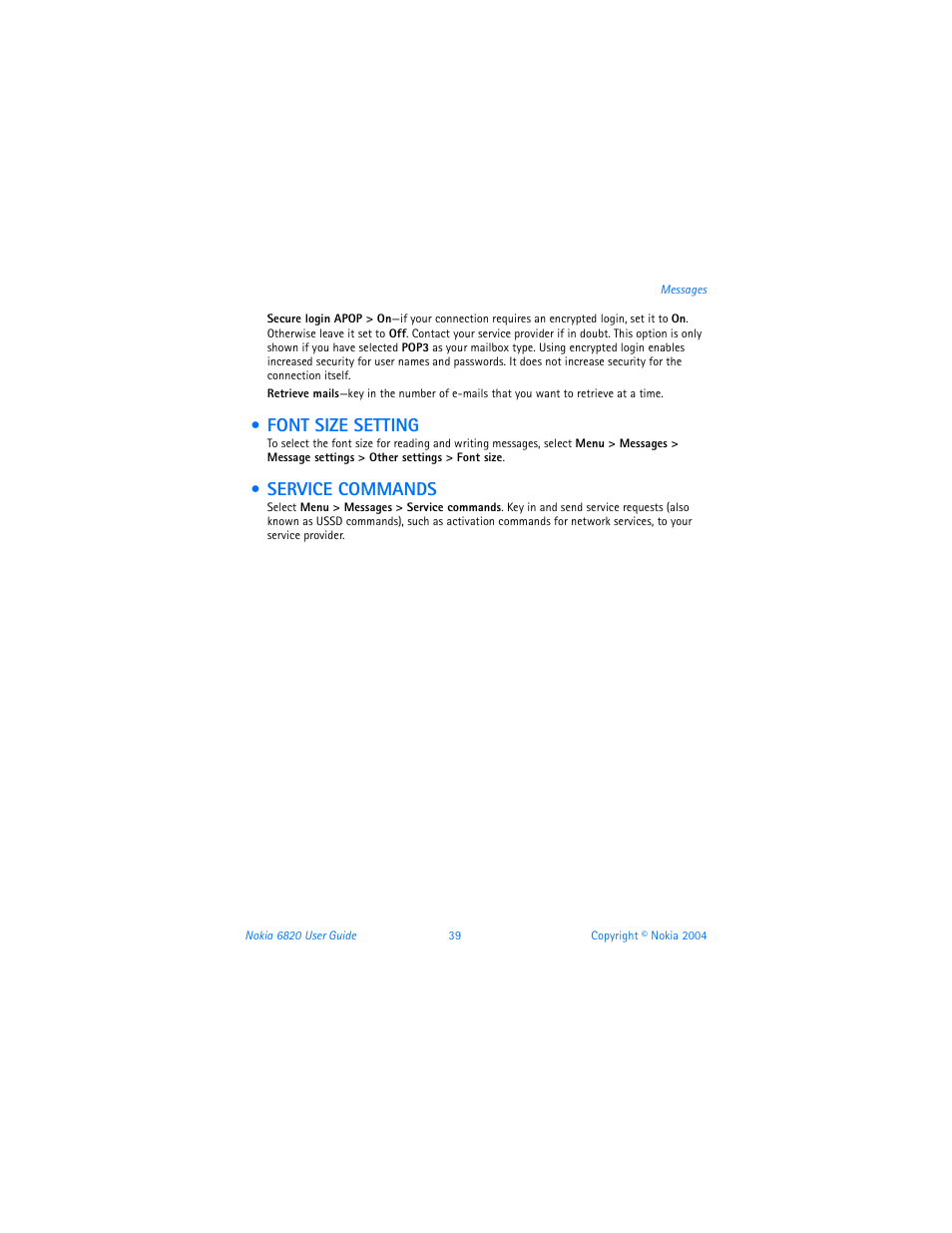 Font size setting, Service commands, Font size setting service commands | Nokia 6820 User Manual | Page 46 / 121