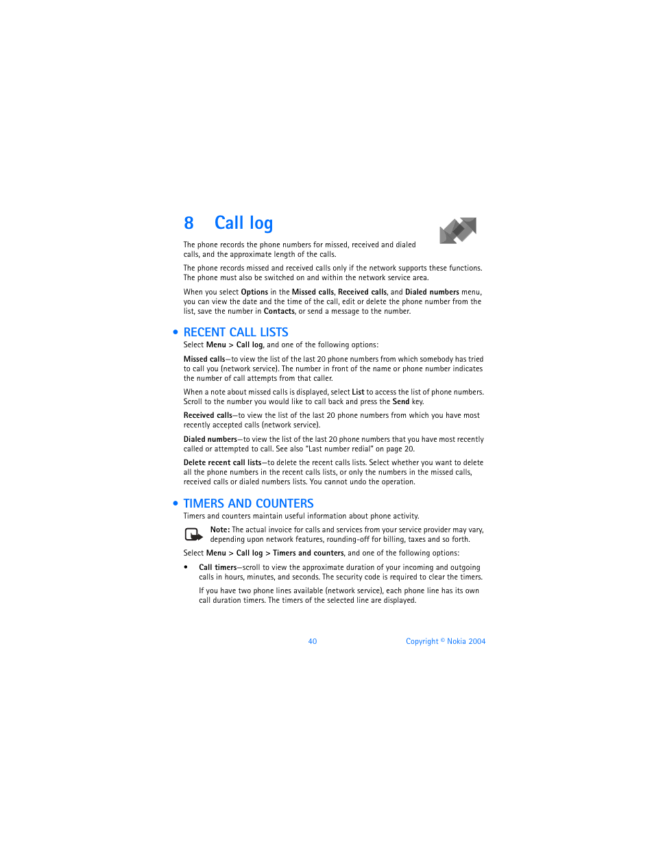 8 call log, Recent call lists, Timers and counters | Call log, Recent call lists timers and counters, 8call log | Nokia 6820 User Manual | Page 47 / 121