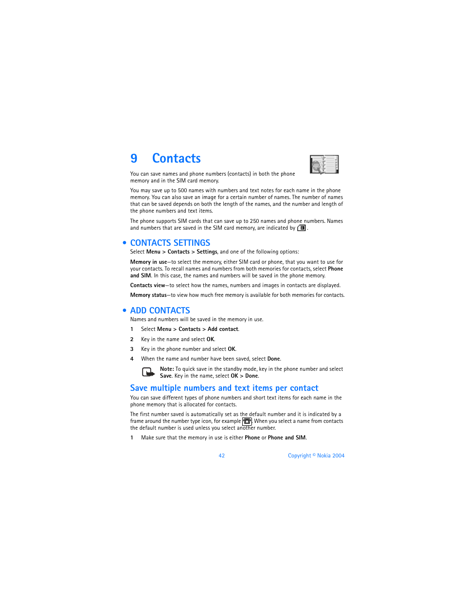 9 contacts, Contacts settings, Add contacts | Contacts, Contacts settings add contacts, 9contacts, Save multiple numbers and text items per contact | Nokia 6820 User Manual | Page 49 / 121