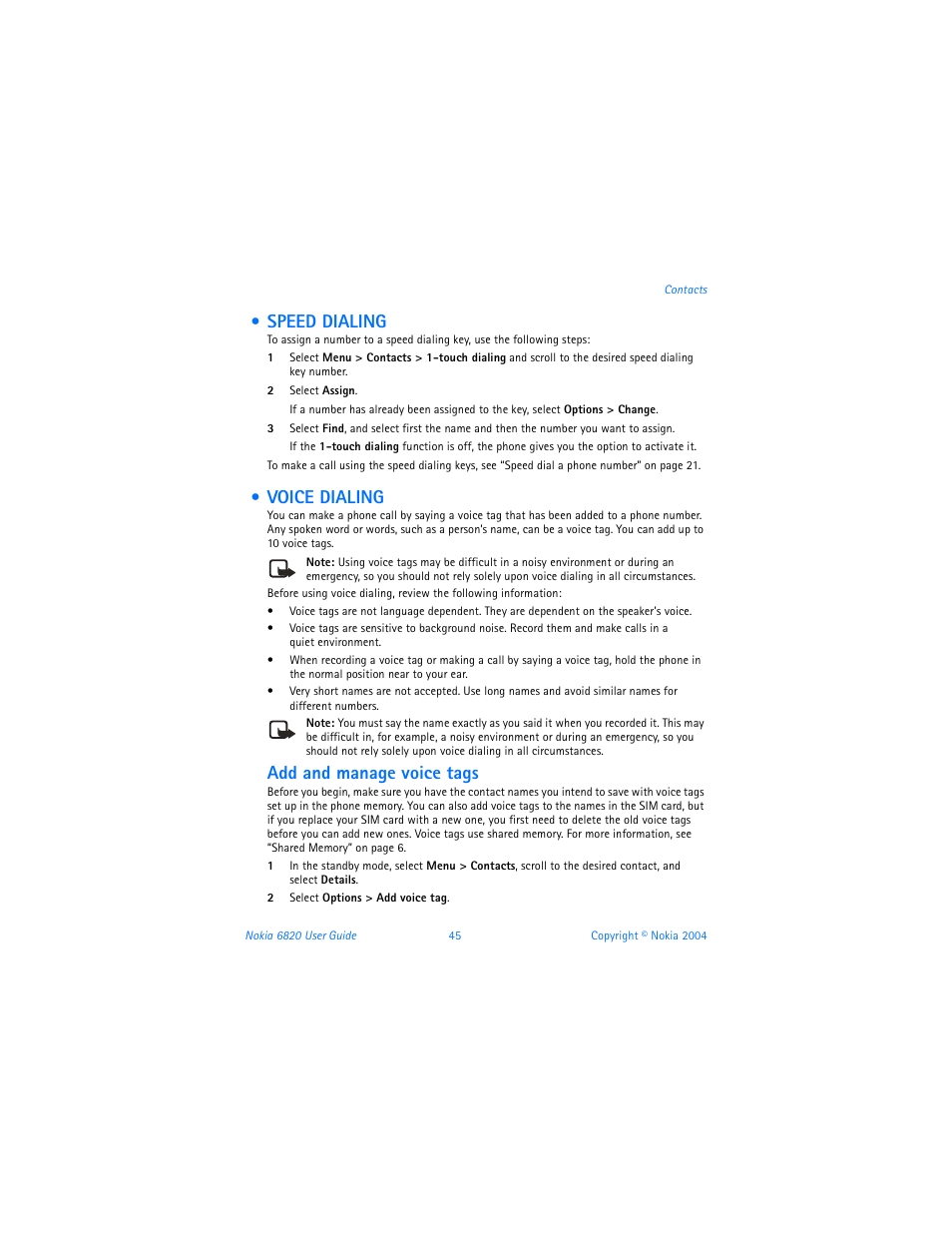 Speed dialing, Voice dialing, Add and manage voice tags | Nokia 6820 User Manual | Page 52 / 121