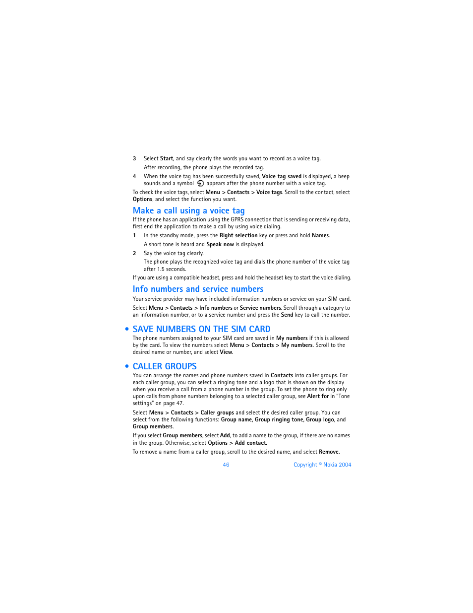 Save numbers on the sim card, Caller groups, Save numbers on the sim card caller groups | Make a call using a voice tag, Info numbers and service numbers | Nokia 6820 User Manual | Page 53 / 121
