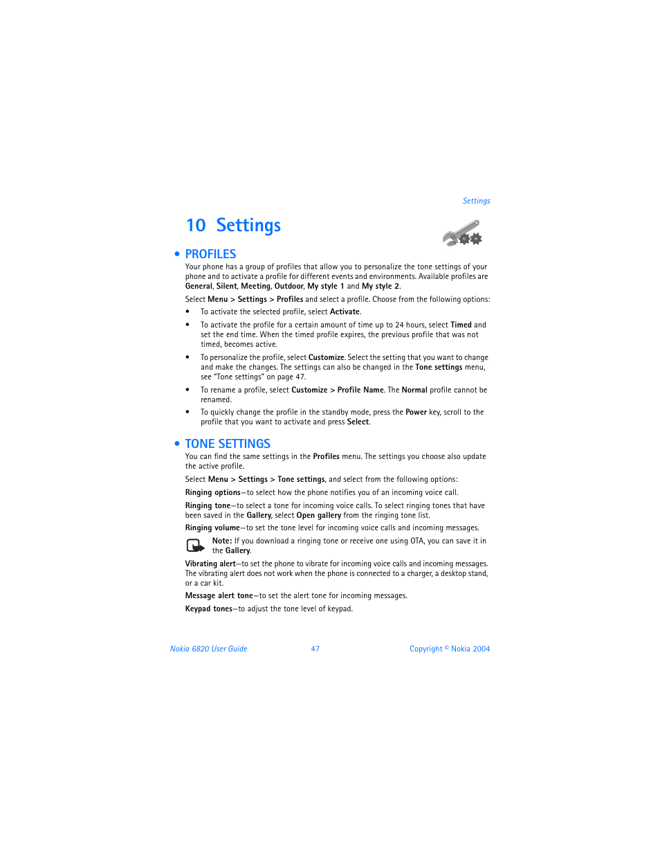 10 settings, Profiles, Tone settings | Profiles tone settings | Nokia 6820 User Manual | Page 54 / 121