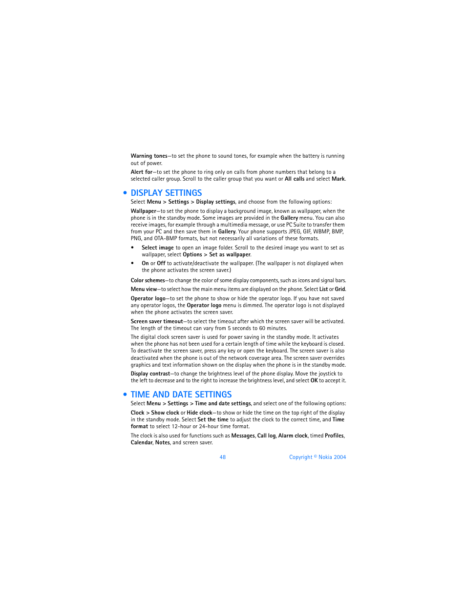 Display settings, Time and date settings, Display settings time and date settings | Nokia 6820 User Manual | Page 55 / 121