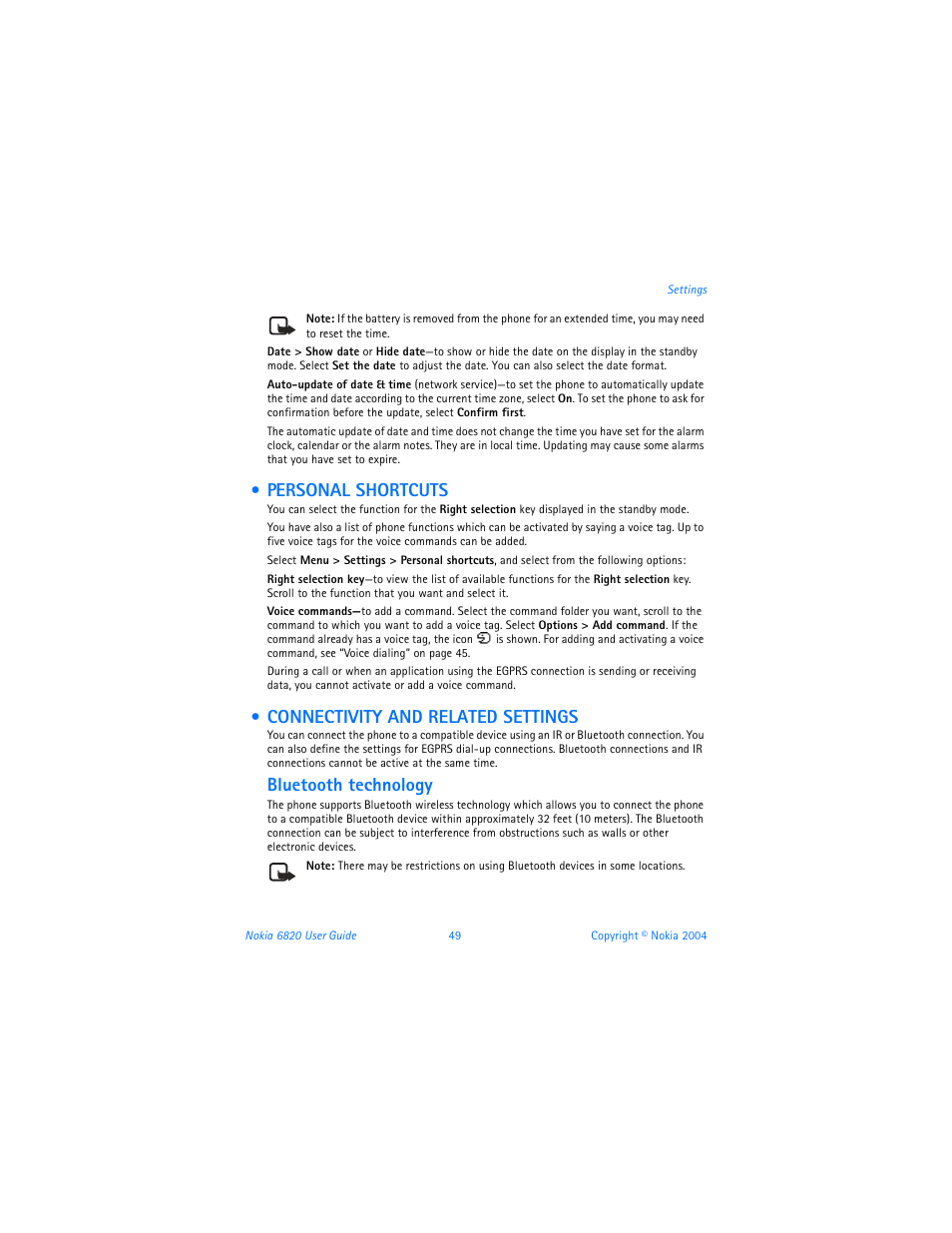 Personal shortcuts, Connectivity and related settings, Bluetooth technology | Nokia 6820 User Manual | Page 56 / 121