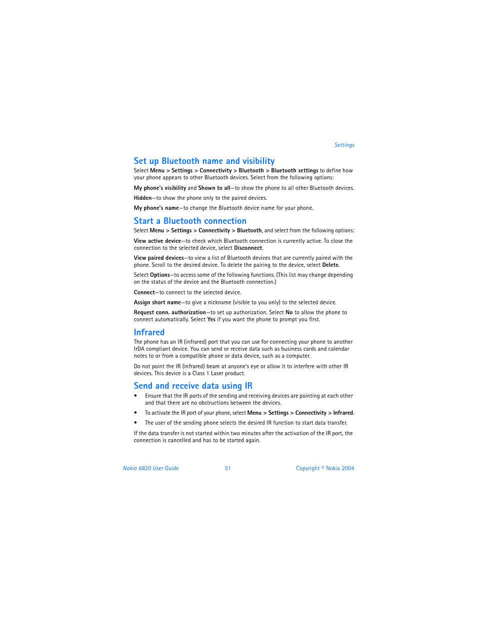 Set up bluetooth name and visibility, Start a bluetooth connection, Infrared | Send and receive data using ir | Nokia 6820 User Manual | Page 58 / 121