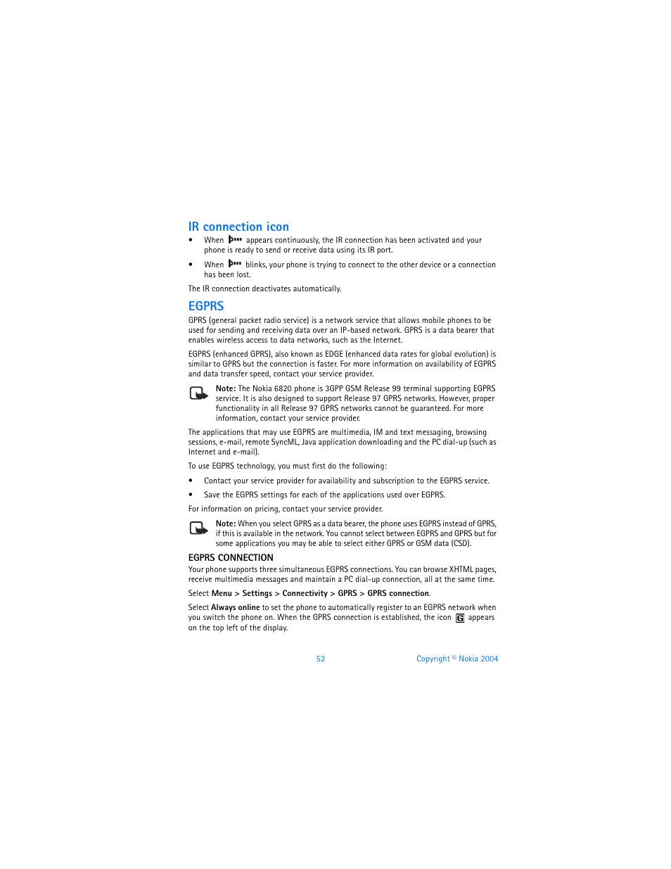 Ir connection icon, Egprs | Nokia 6820 User Manual | Page 59 / 121