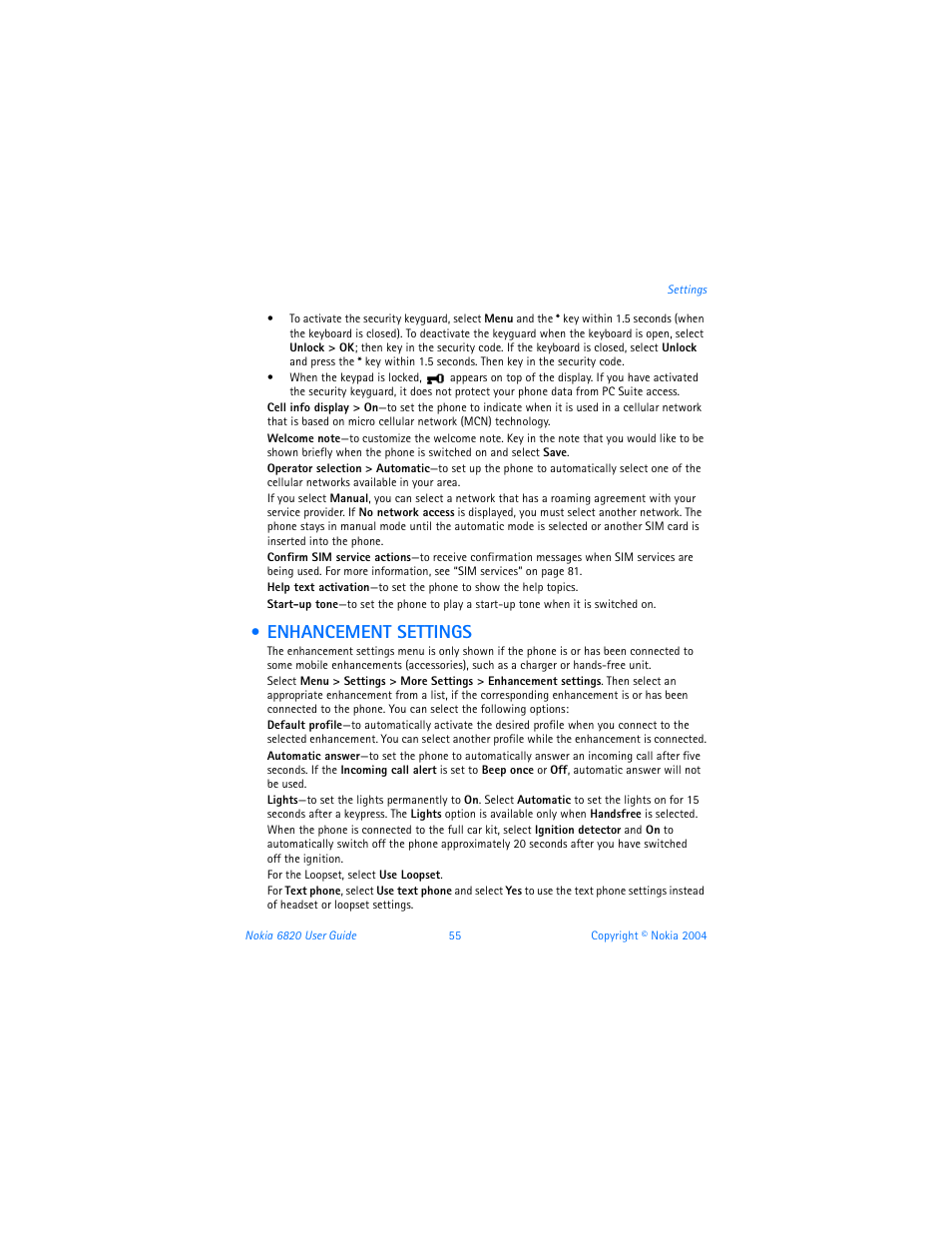 Enhancement settings | Nokia 6820 User Manual | Page 62 / 121