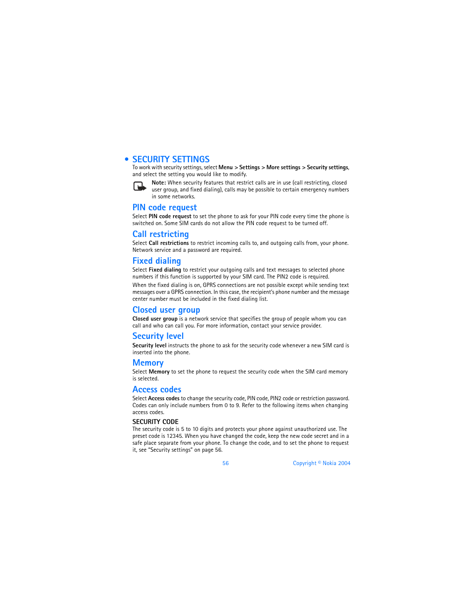 Security settings, Pin code request, Call restricting | Fixed dialing, Closed user group, Security level, Access codes | Nokia 6820 User Manual | Page 63 / 121
