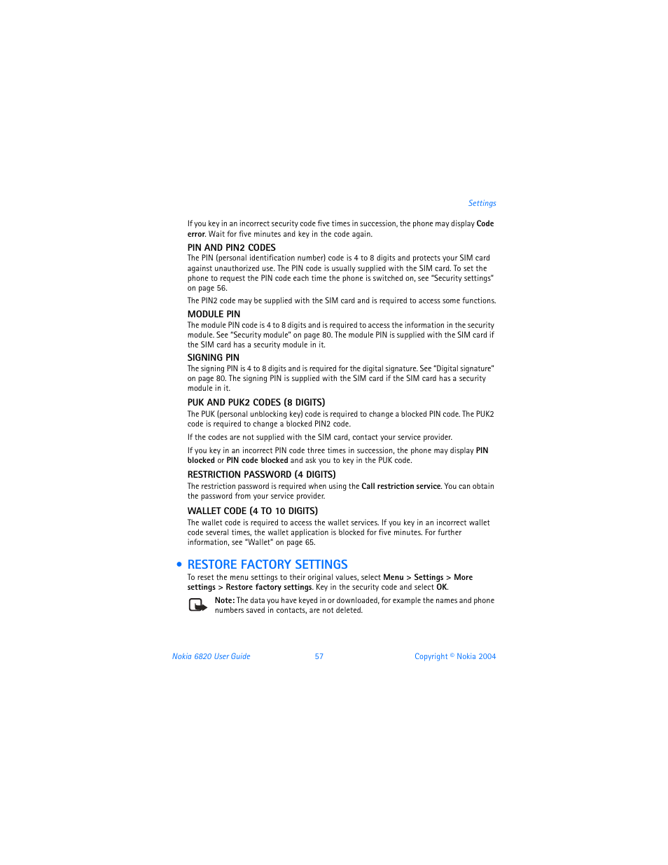 Restore factory settings | Nokia 6820 User Manual | Page 64 / 121