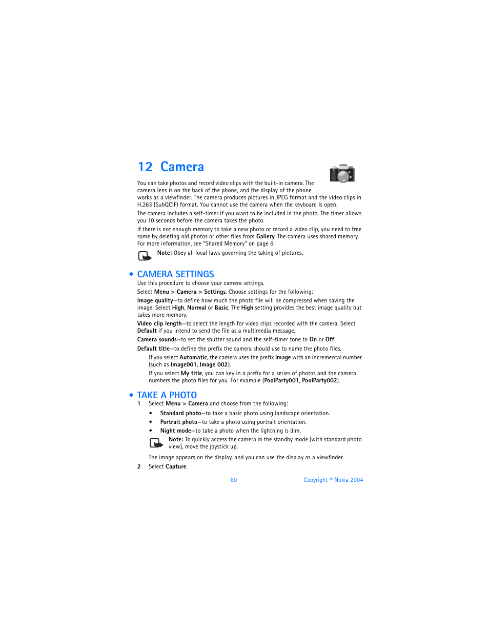 12 camera, Camera settings, Take a photo | Camera settings take a photo | Nokia 6820 User Manual | Page 67 / 121