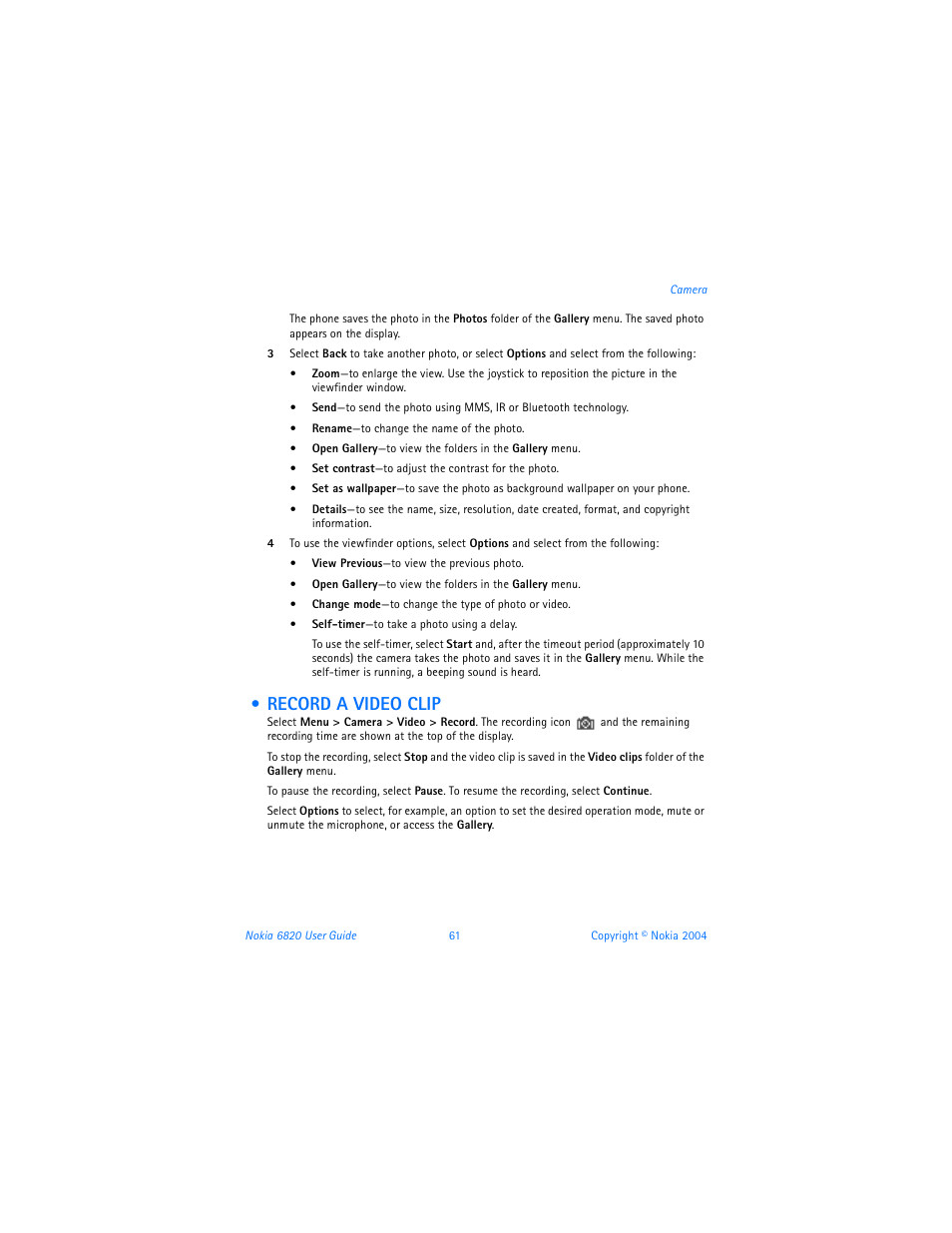 Record a video clip | Nokia 6820 User Manual | Page 68 / 121