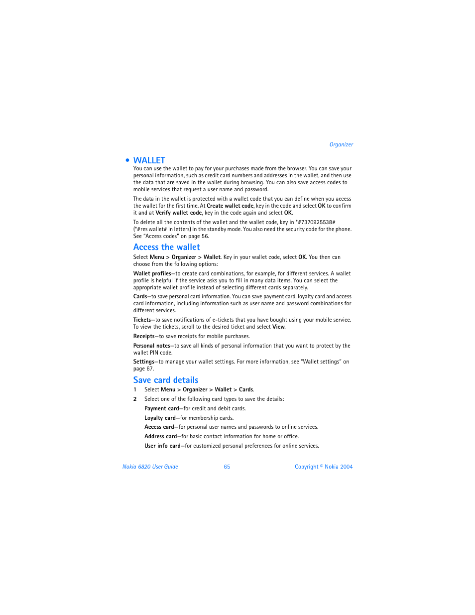 Wallet, Access the wallet, Save card details | Nokia 6820 User Manual | Page 72 / 121