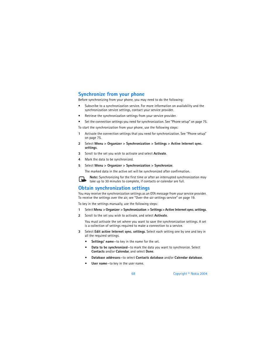 Synchronize from your phone, Obtain synchronization settings | Nokia 6820 User Manual | Page 75 / 121