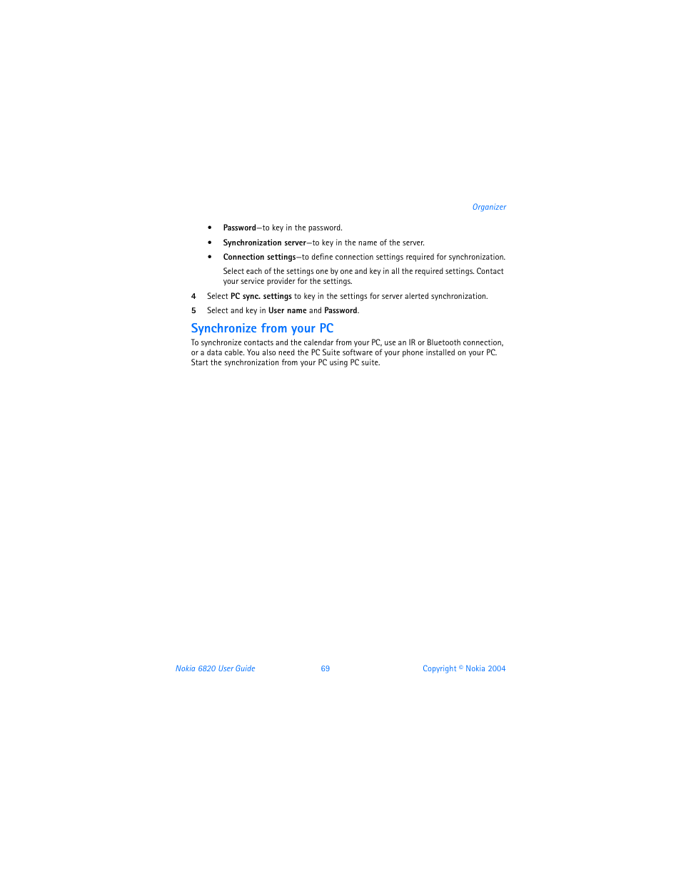 Synchronize from your pc | Nokia 6820 User Manual | Page 76 / 121