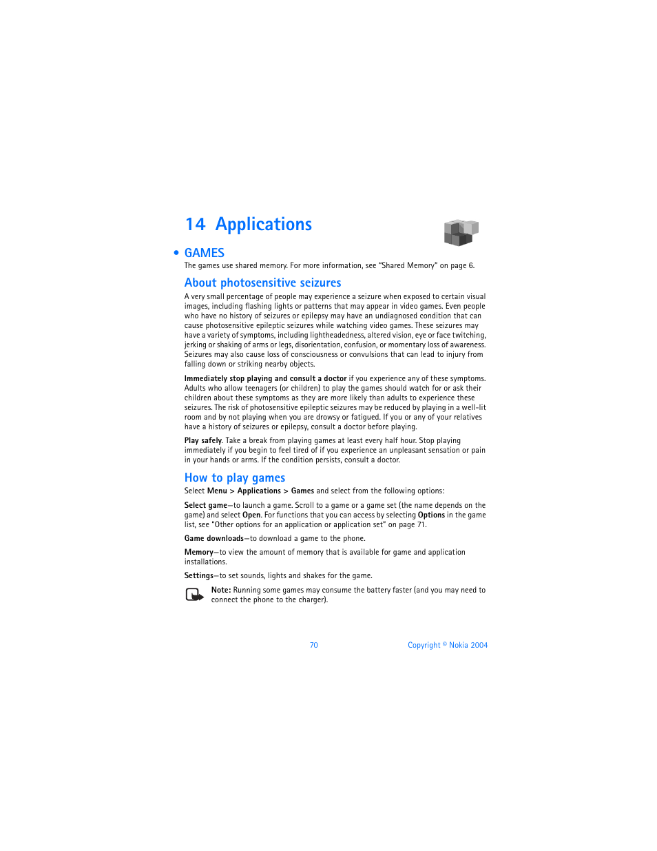 14 applications, Games, About photosensitive seizures | How to play games | Nokia 6820 User Manual | Page 77 / 121