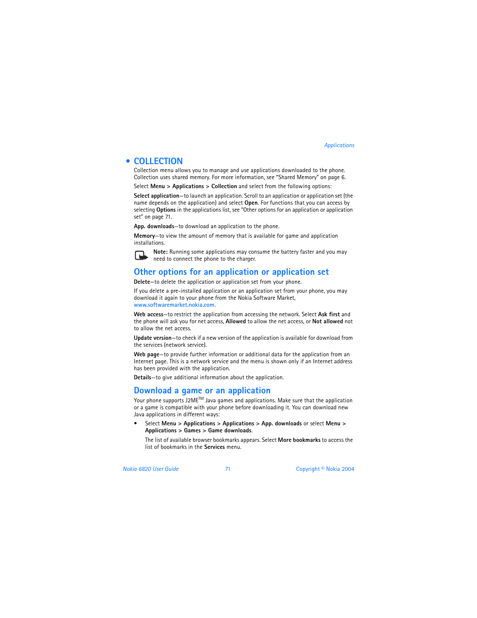 Collection, Download a game or an application | Nokia 6820 User Manual | Page 78 / 121