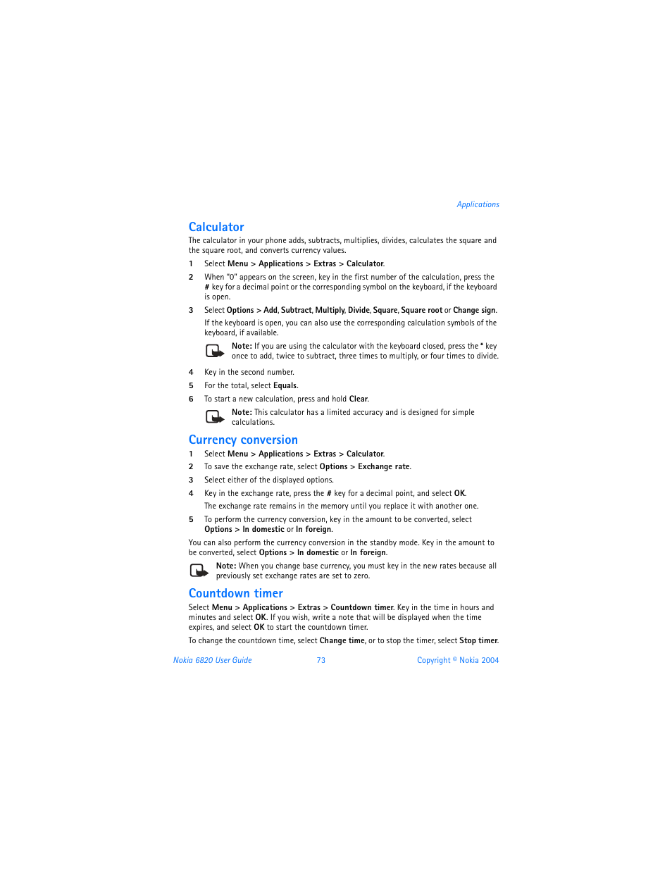 Calculator, Currency conversion, Countdown timer | Nokia 6820 User Manual | Page 80 / 121
