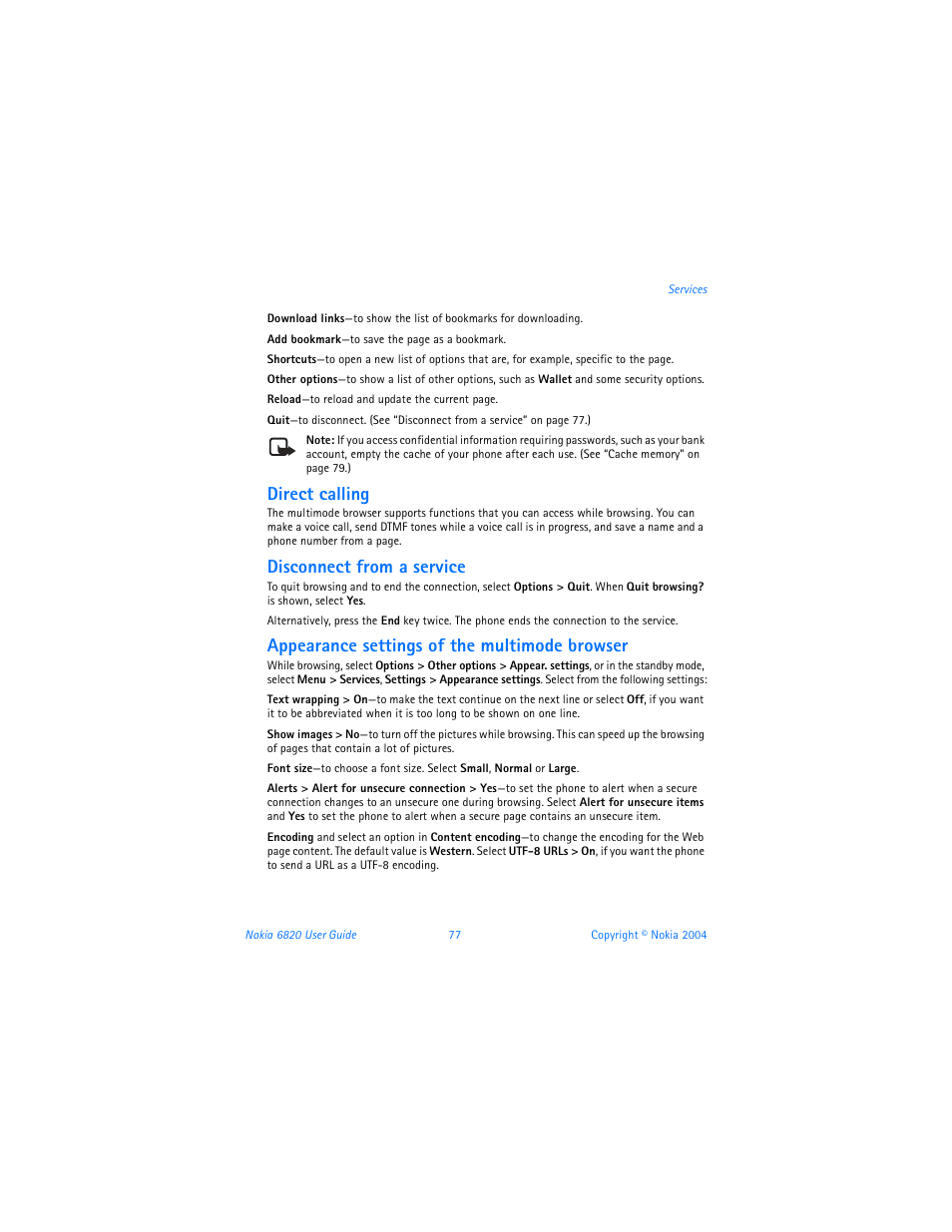 Direct calling, Disconnect from a service, Appearance settings of the multimode browser | Nokia 6820 User Manual | Page 84 / 121