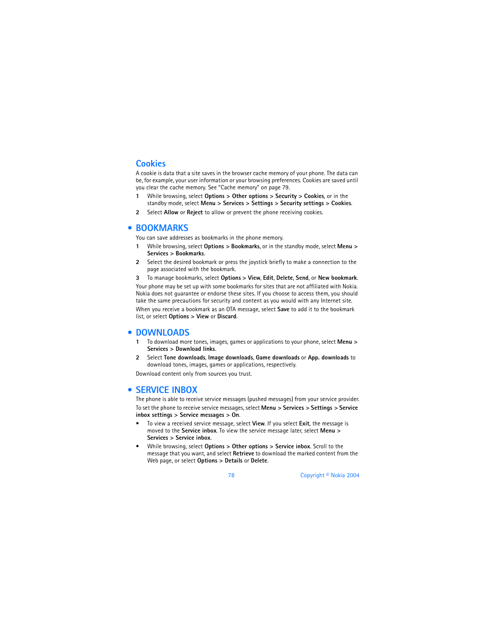 Bookmarks, Downloads, Service inbox | Bookmarks downloads service inbox, Cookies | Nokia 6820 User Manual | Page 85 / 121