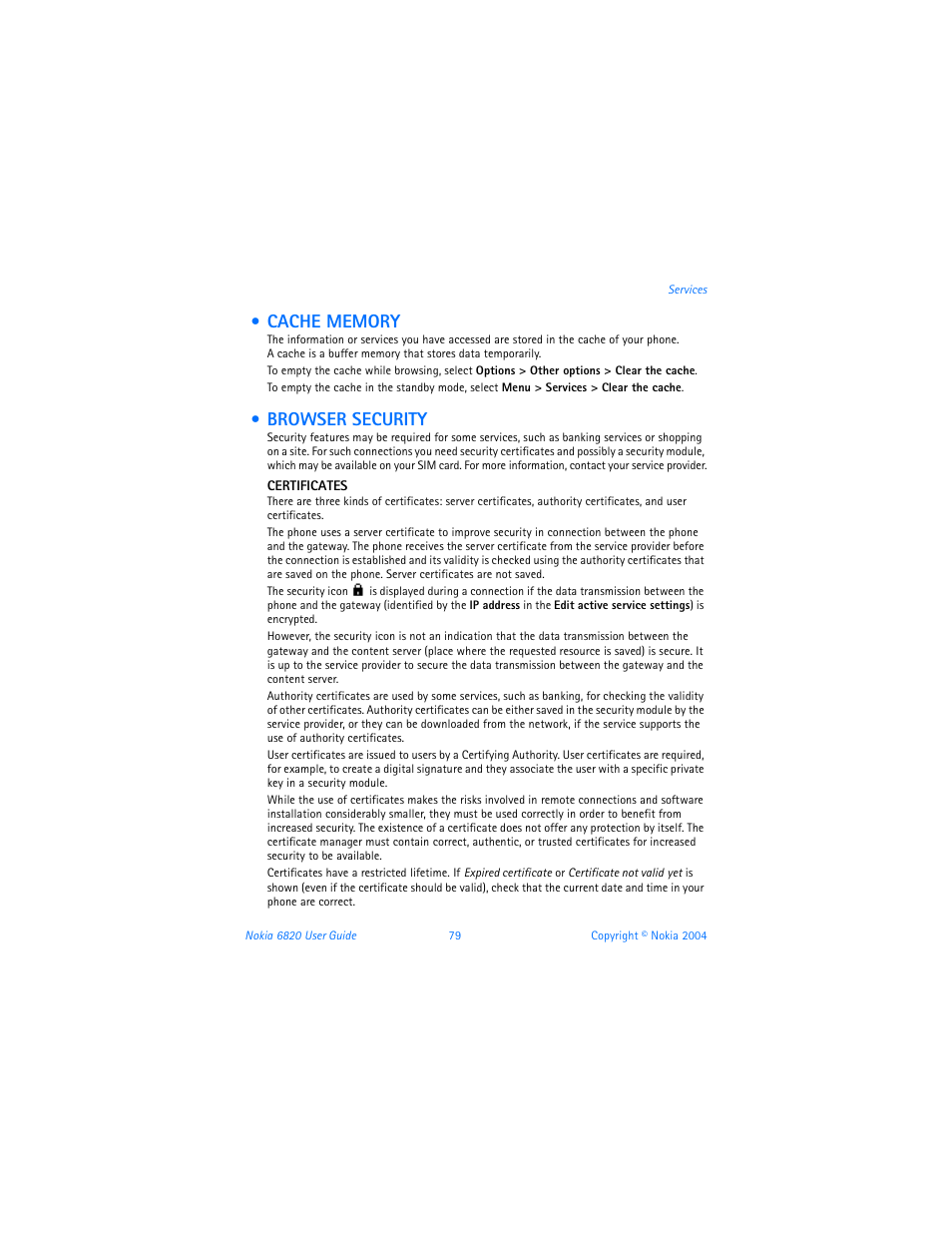 Cache memory, Browser security, Cache memory browser security | Nokia 6820 User Manual | Page 86 / 121