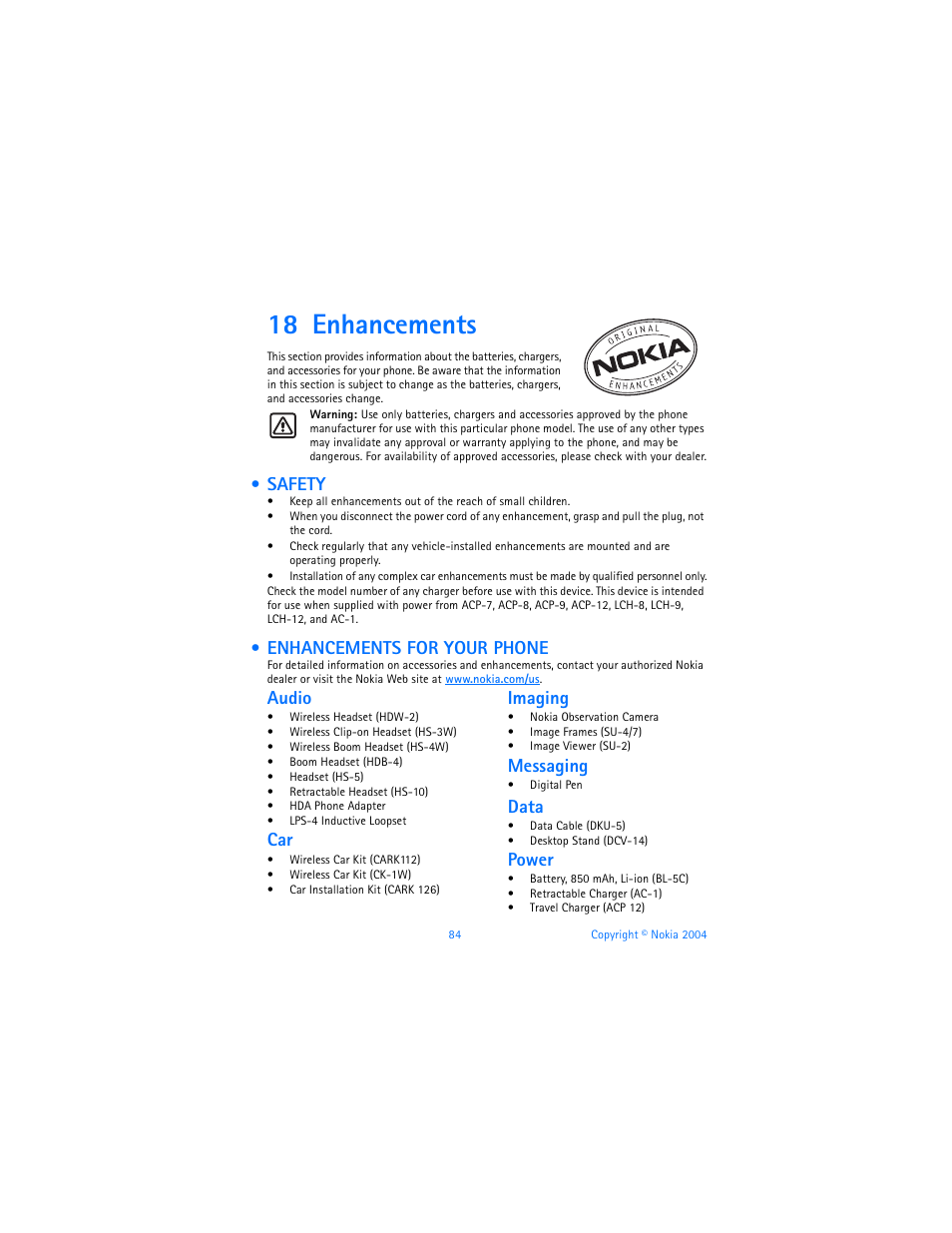 18 enhancements, Safety, Enhancements for your phone | Safety enhancements for your phone, Audio, Imaging, Messaging, Data, Power | Nokia 6820 User Manual | Page 91 / 121