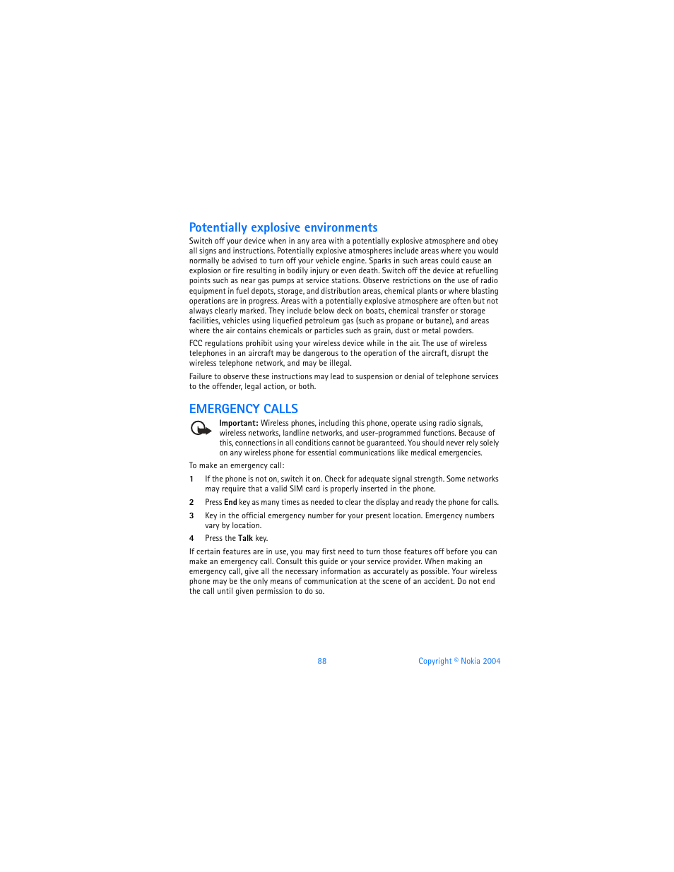 Potentially explosive environments, Emergency calls | Nokia 6820 User Manual | Page 95 / 121