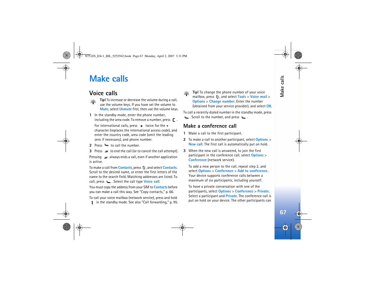 Make calls, Voice calls, Make a conference call | Nokia N75 User Manual | Page 100 / 297