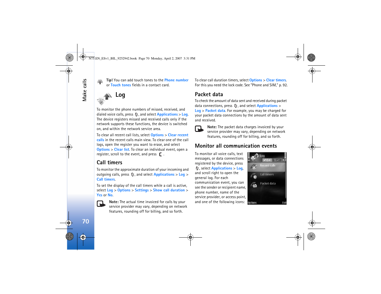 Call timers, Packet data, Monitor all communication events | Nokia N75 User Manual | Page 103 / 297