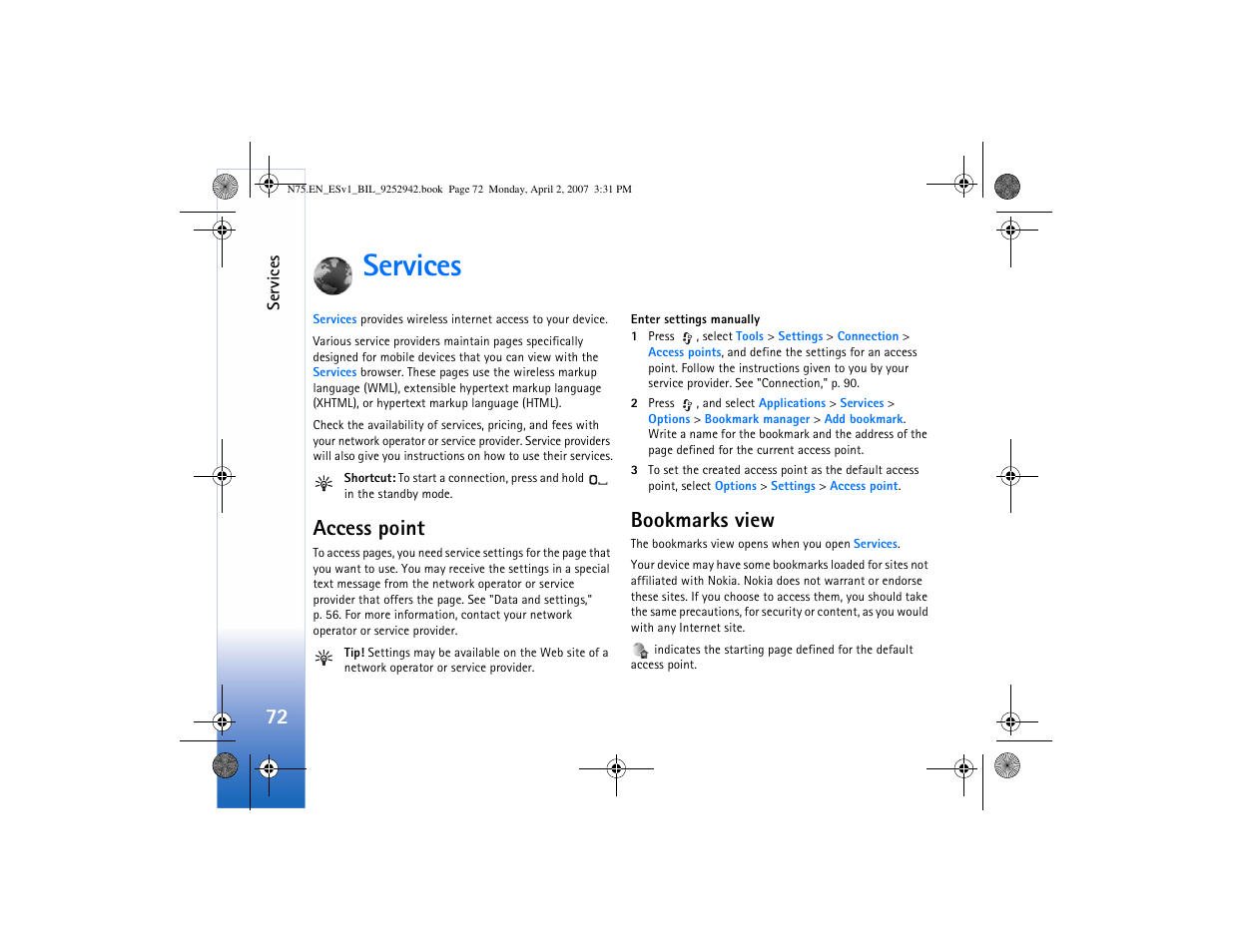 Services, Access point, Bookmarks view | Nokia N75 User Manual | Page 105 / 297
