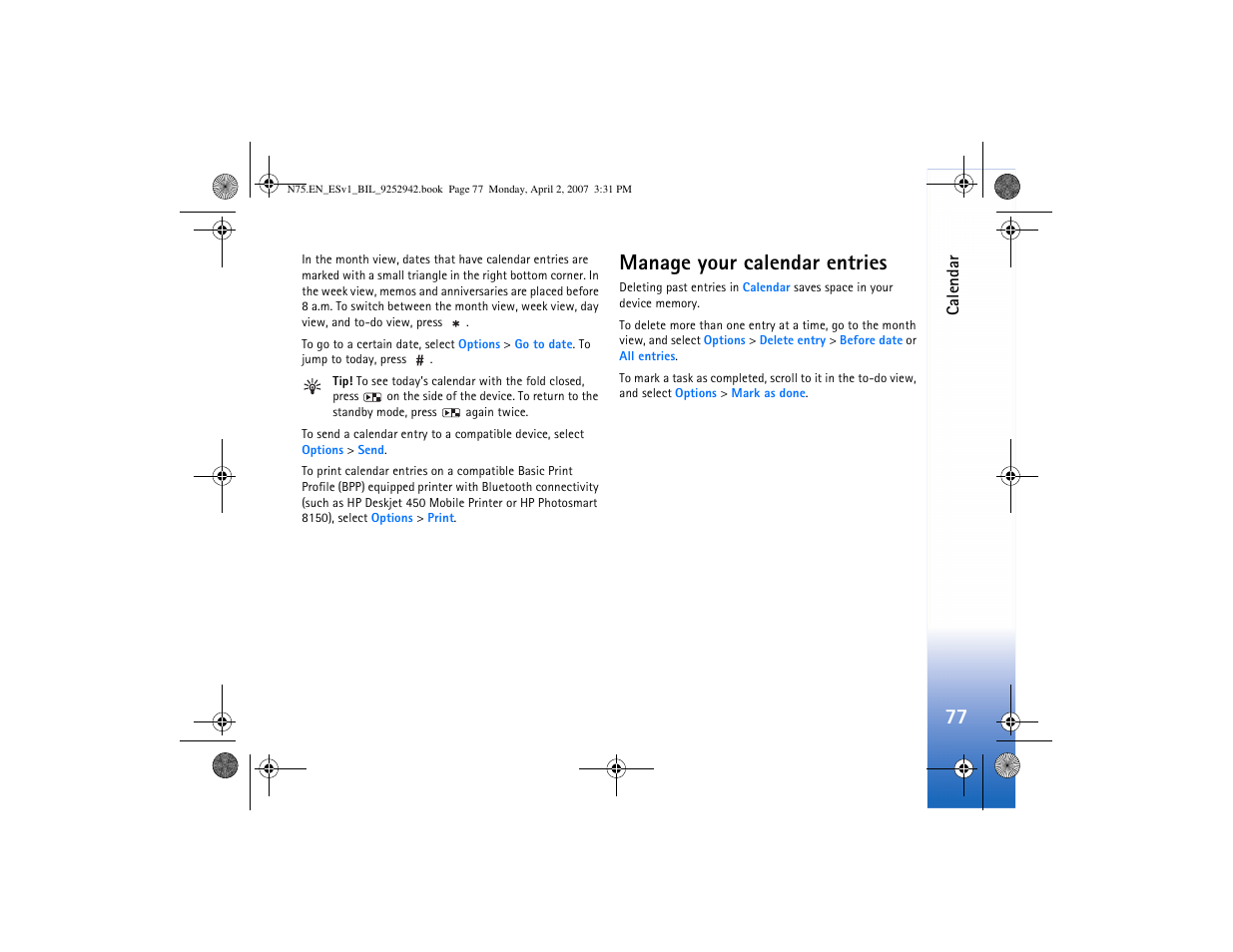 Manage your calendar entries | Nokia N75 User Manual | Page 110 / 297