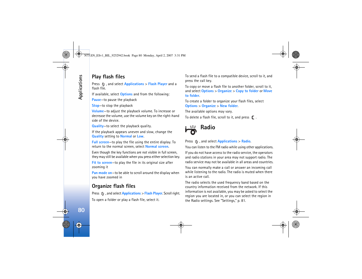 Play flash files, Organize flash files, Radio | Play flash files organize flash files | Nokia N75 User Manual | Page 113 / 297