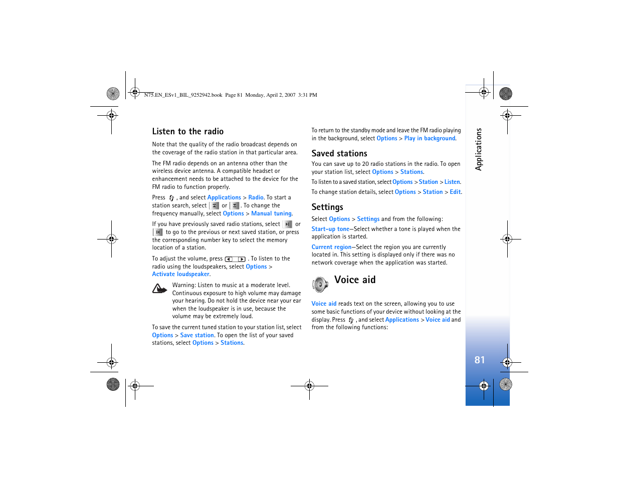 Listen to the radio, Saved stations, Settings | Voice aid, Listen to the radio saved stations settings | Nokia N75 User Manual | Page 114 / 297