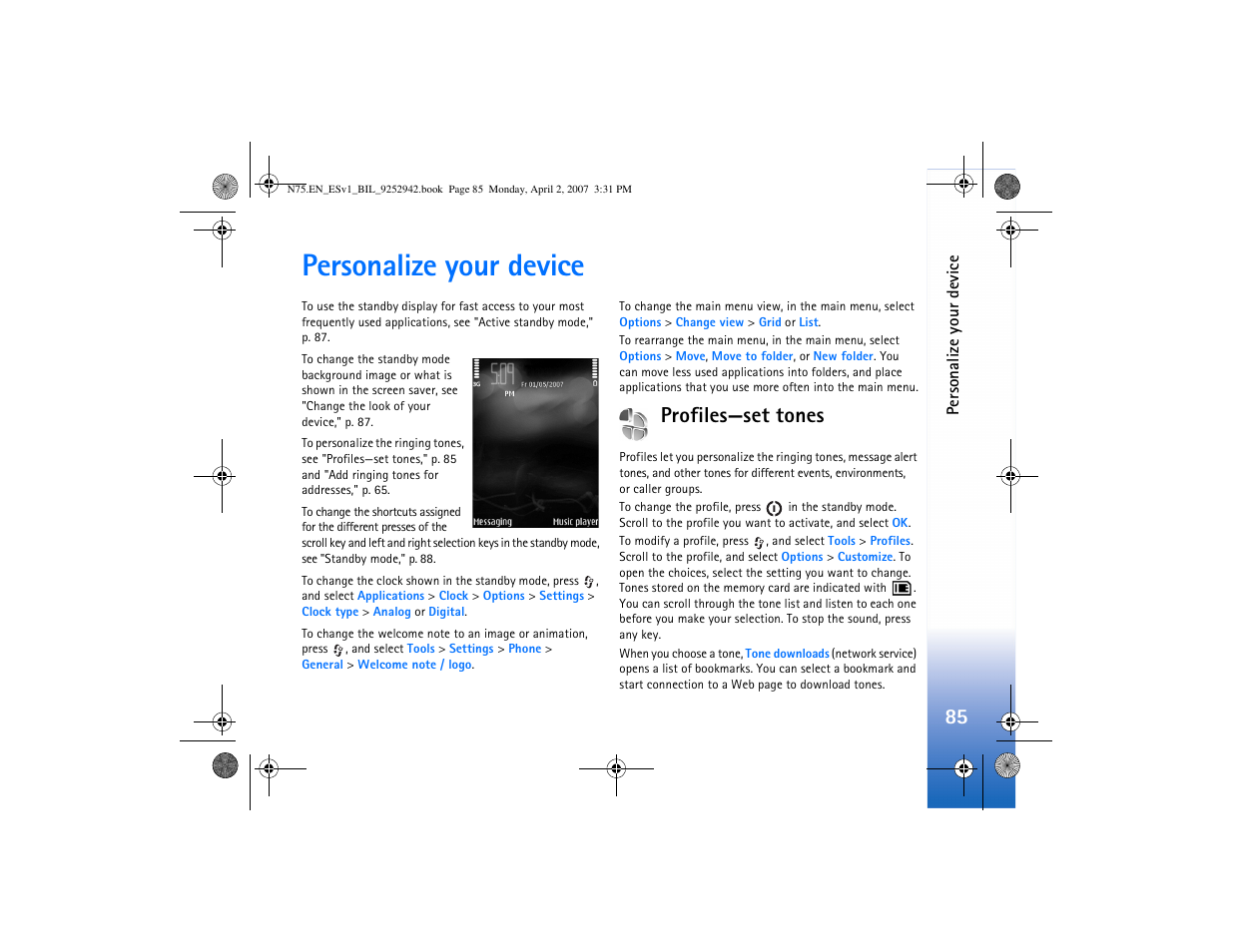 Personalize your device, Profiles - set tones, Profiles—set tones | Profiles—set tones," p | Nokia N75 User Manual | Page 118 / 297