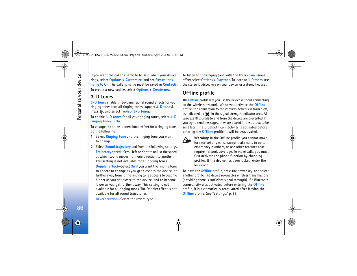 D tones, Offline profile, D tones offline profile | Nokia N75 User Manual | Page 119 / 297