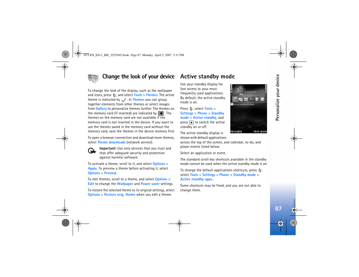 Change the look of your device, Active standby mode, Change the look of your device active standby mode | 87 change the look of your device | Nokia N75 User Manual | Page 120 / 297