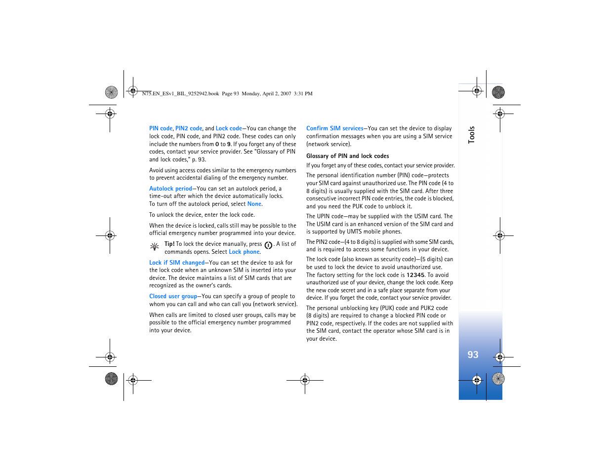 Glossary of pin and lock codes," p. 93 | Nokia N75 User Manual | Page 126 / 297