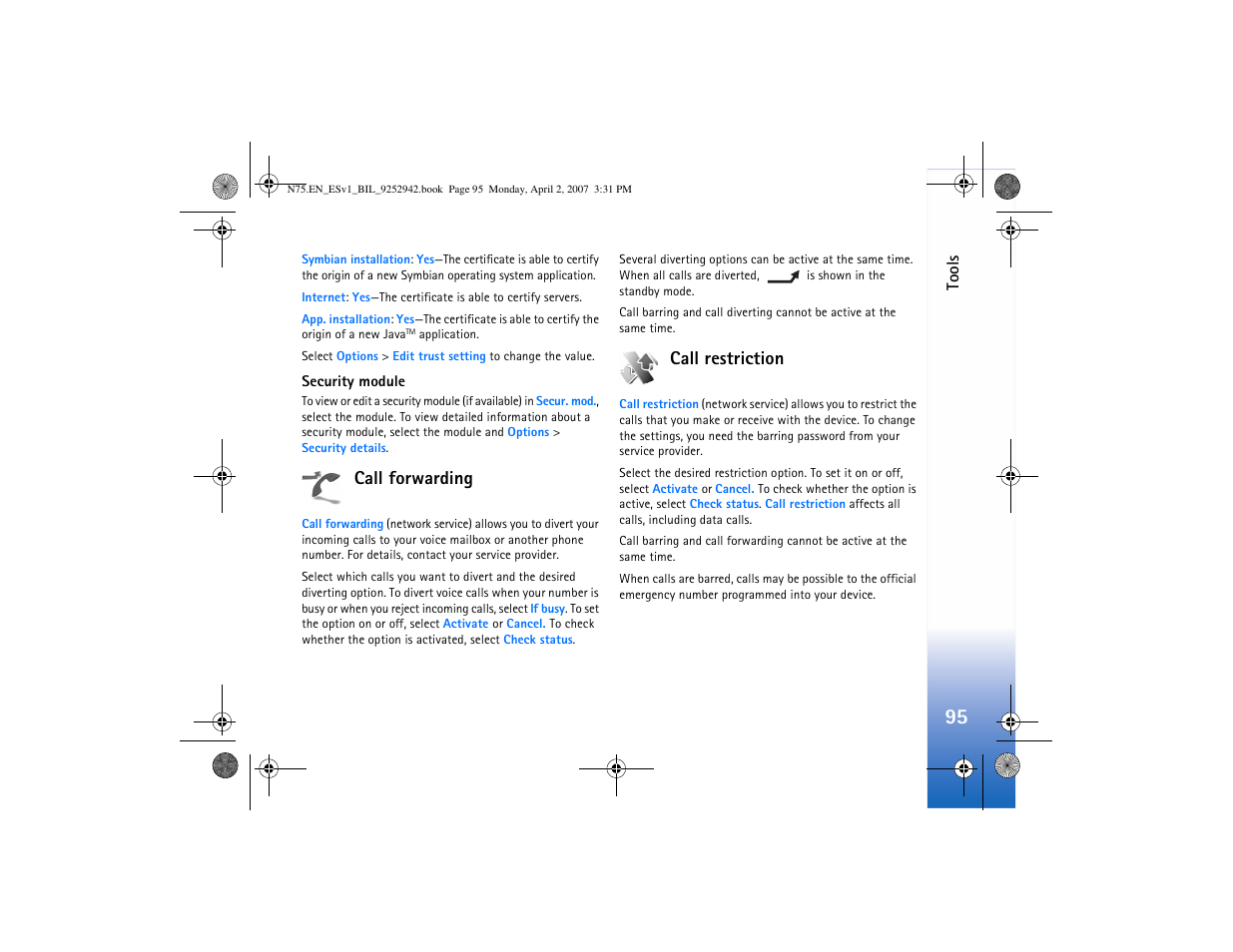 Call forwarding, Call restriction, Call forwarding call restriction | Nokia N75 User Manual | Page 128 / 297